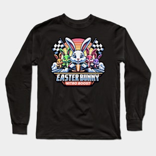 Easter Bunny Nitro Boost Cute Racing Bunnies Checkered Flag Race Track Happy Easter Rabbit Racer Long Sleeve T-Shirt